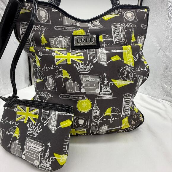 Lulu by Lulu Guinness London Print Tote Bag w/ Pouch Matching Black Yellow White - Picture 15 of 16
